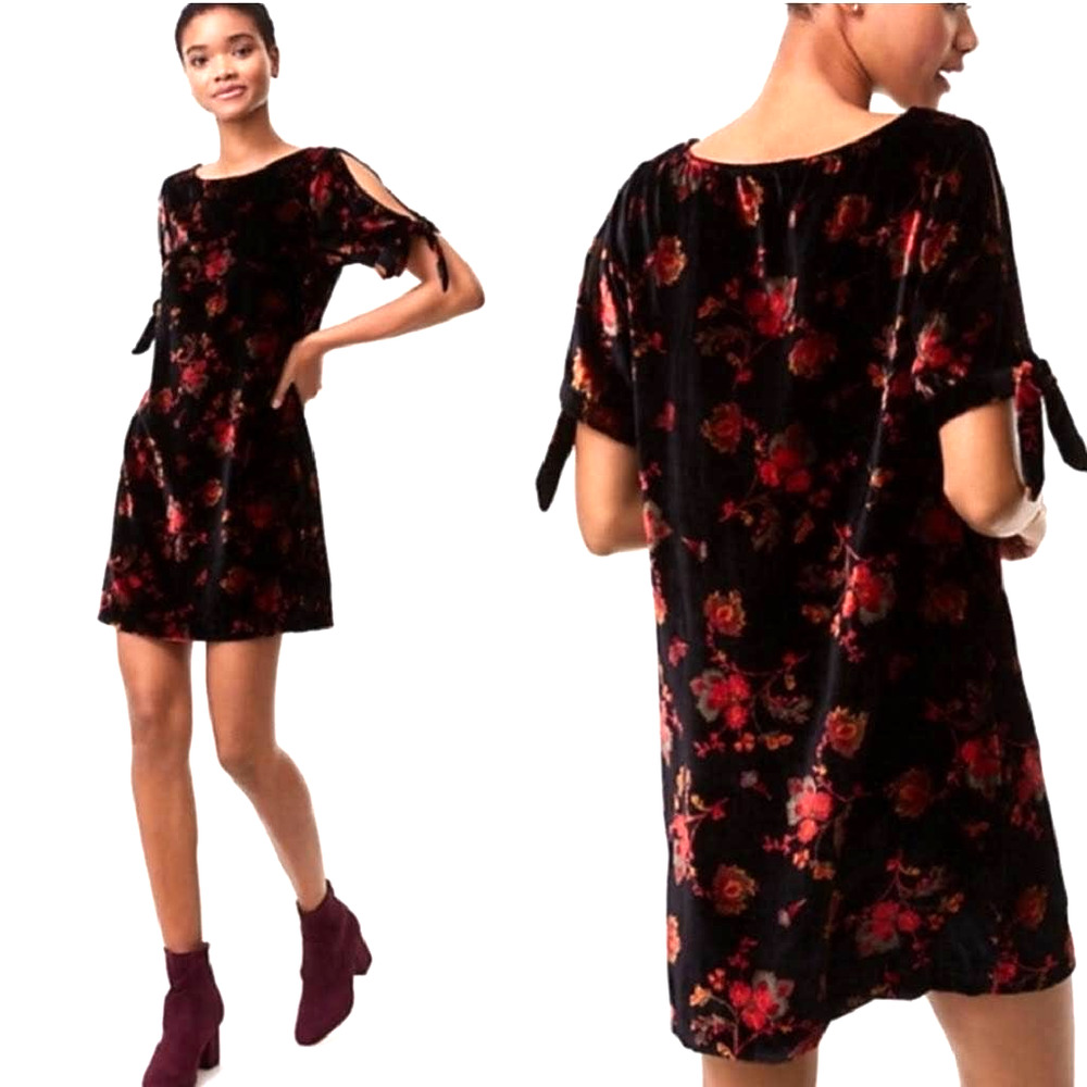 Loft Crushed Velvet Floral Mini Dress Velvet Cold Shoulder Dress With Ties XS